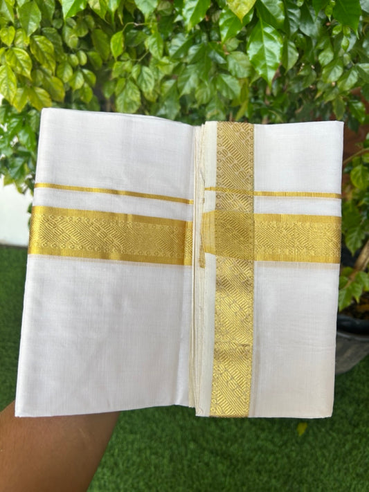 HANDLOOM Pure SILK Dhoti NEW!  25% DISCOUNT  from Kaitharikada.com - BALARAMAPURAM Handloom Unakkupaav - Pure White - Double Mundu/Dhoti - 100x100 - Pure cotton + Silk -  1.5 inch Gold Kasavu Designer Kara - 1KK5206 ABH