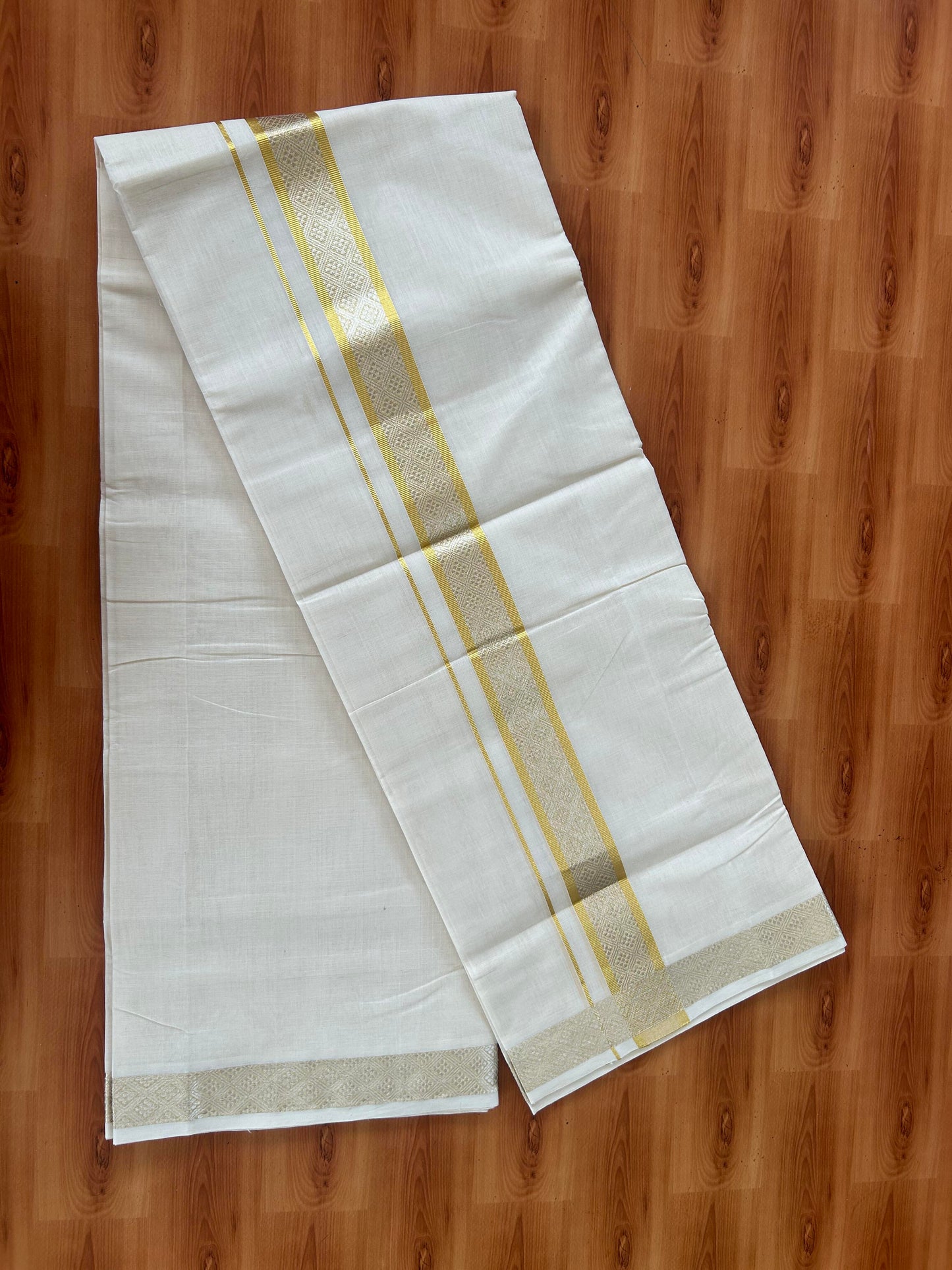 25% Discount ! KaithariKada Handloom Millpaav - Kerala Handloom - 100% Pure Cotton Off White (Unbleached) Double Mundu/Dhoti - 80x90 - 1.75 inch Gold & Silver Kasav Jacquard Design Kara 4 mtr (8.5 Muzham) - 22 KK5386 RAM