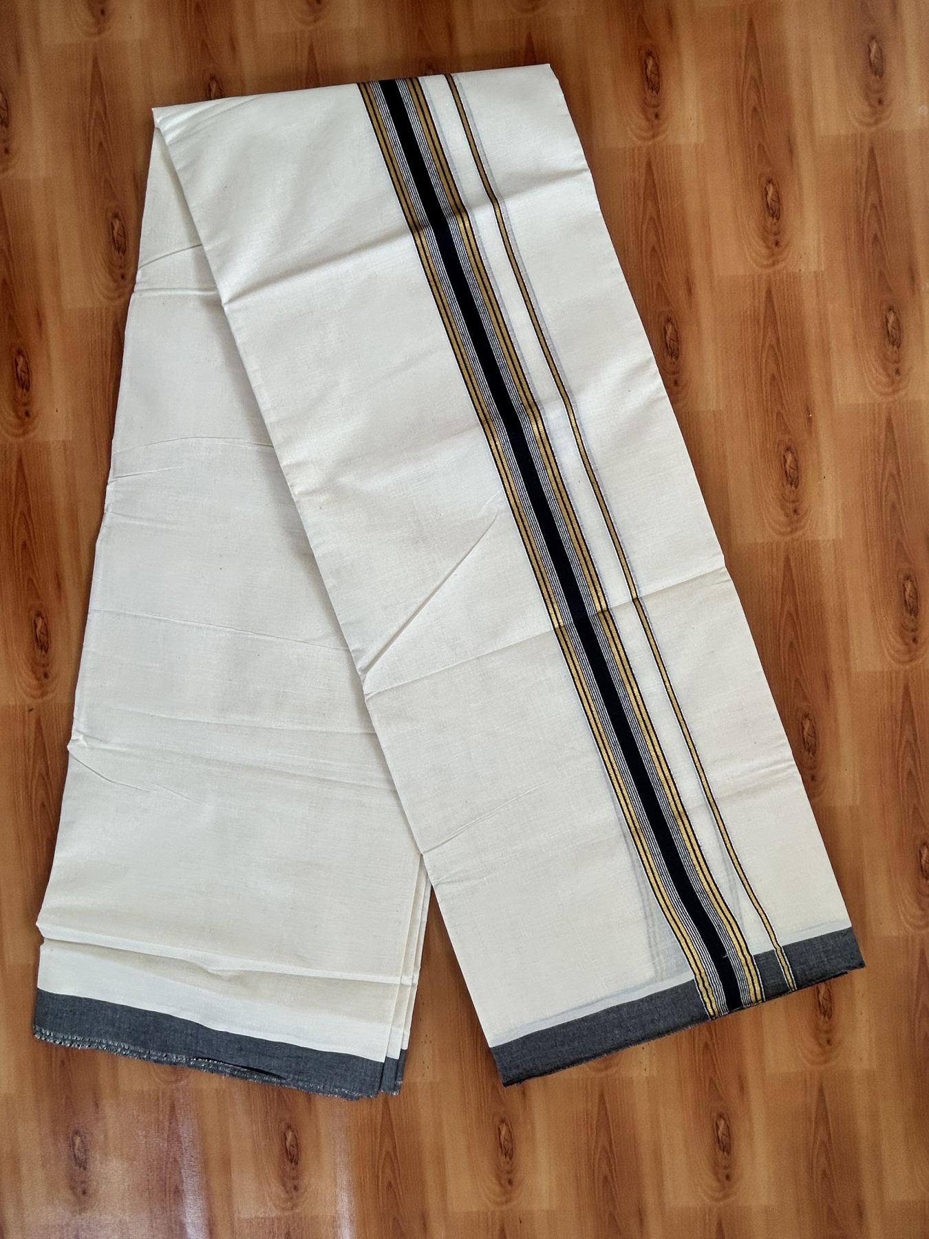 Double Off White - (Unbleached) Mundu/Dhoti - 20% Discount! KaithariKada Balaramapuram Pure Cotton - 80s - 1.5 inch Gold Kasav & Black Striped Kara - 4 mtr (8.5 Muzham) - 17 KK5416 GAN