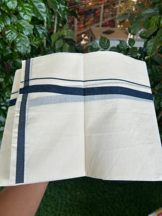 20% Discount! KaithariKada Balaramapuram 100% Cotton Double Off white - (Unbleached) - Mundu/Dhoti  (80s) - 1.5 cm Dark Peacock Blue Kara 4 mtr (8.5 muzham) - 16 KK5371 GAN