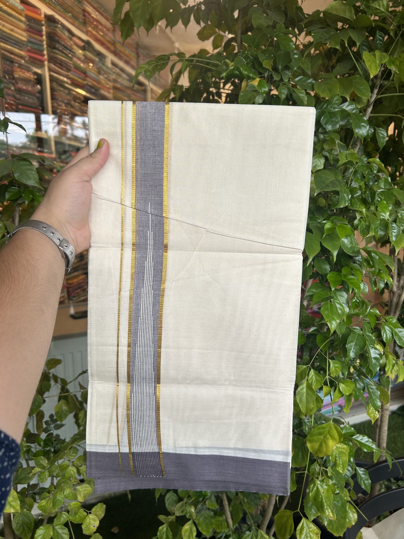 20% Discount ! Kaitharikada Balaramapuram 100% Pure Cotton Double Off white (Unbleached) Mundu/Dhoti - 100x80 - 1.5 inch Gold Kasav & Purple Lavender Shaded Stripes Chutty Kara 3.90 mtr (8 muzham) - 39 KK5313 PMC