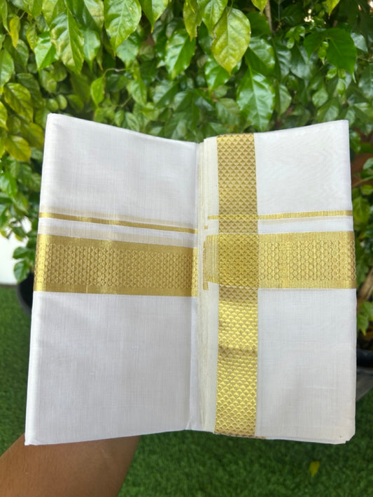 HANDLOOM Pure SILK Dhoti NEW!  25% DISCOUNT  from Kaitharikada.com - BALARAMAPURAM Handloom Unakkupaav - Pure White - Double Mundu/Dhoti - 100x100 - Pure cotton + Silk -  1.75 inch Gold Kasavu Designer Kara - 2KK5206 ABH