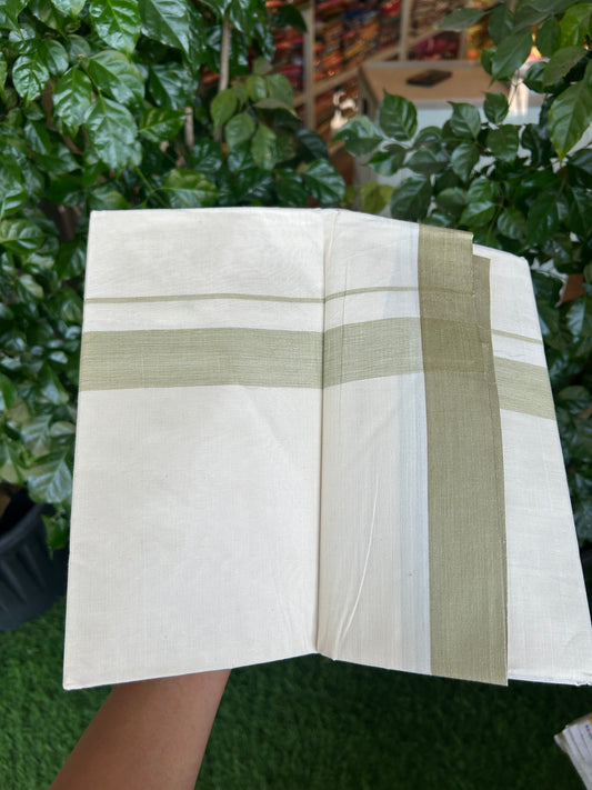 20% Discount ! KaithariKada Balaramapuram 100% Cotton Double Off White (Unbleached) - Mundu / Dhoti- 100x80 -  1.5 inch Light Pista Green Shaded Kara 4 mtr (8.5 Muzham) - 13 KK5371 VIN