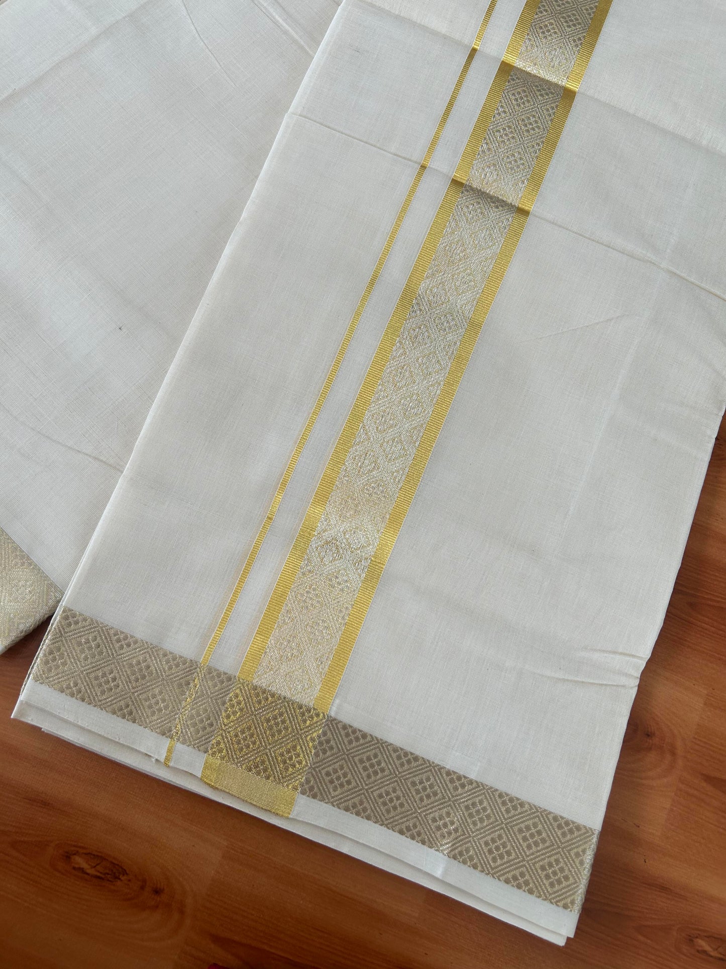 25% Discount ! KaithariKada Handloom Millpaav - Kerala Handloom - 100% Pure Cotton Off White (Unbleached) Double Mundu/Dhoti - 80x90 - 1.75 inch Gold & Silver Kasav Jacquard Design Kara 4 mtr (8.5 Muzham) - 22 KK5386 RAM