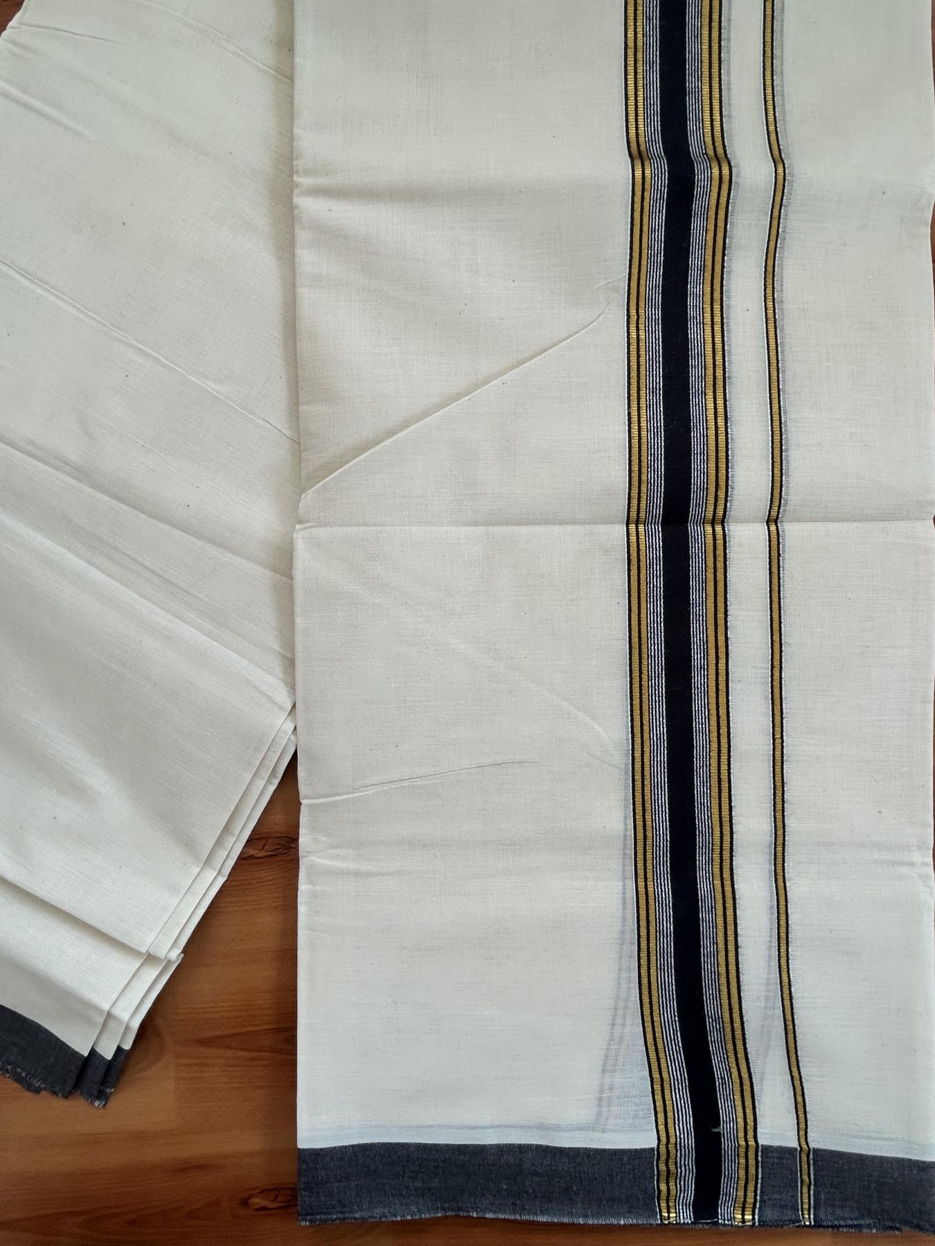 Double Off White - (Unbleached) Mundu/Dhoti - 20% Discount! KaithariKada Balaramapuram Pure Cotton - 80s - 1.5 inch Gold Kasav & Black Striped Kara - 4 mtr (8.5 Muzham) - 17 KK5416 GAN