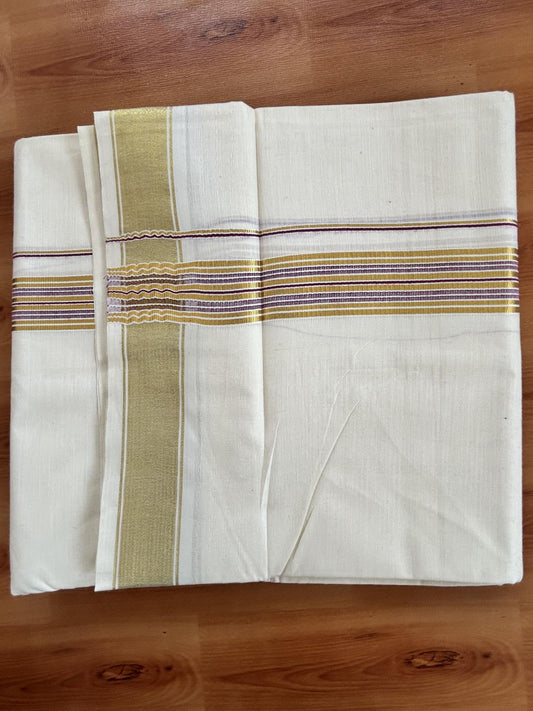 Double Off White - (Unbleached) Mundu/Dhoti - 20% Discount! KaithariKada Balaramapuram Pure Cotton - 80s - 1.5 inch Gold Kasav & Purple Wine Striped Kara - 4 mtr (8.5 Muzham) - 27 KK5416 GAN