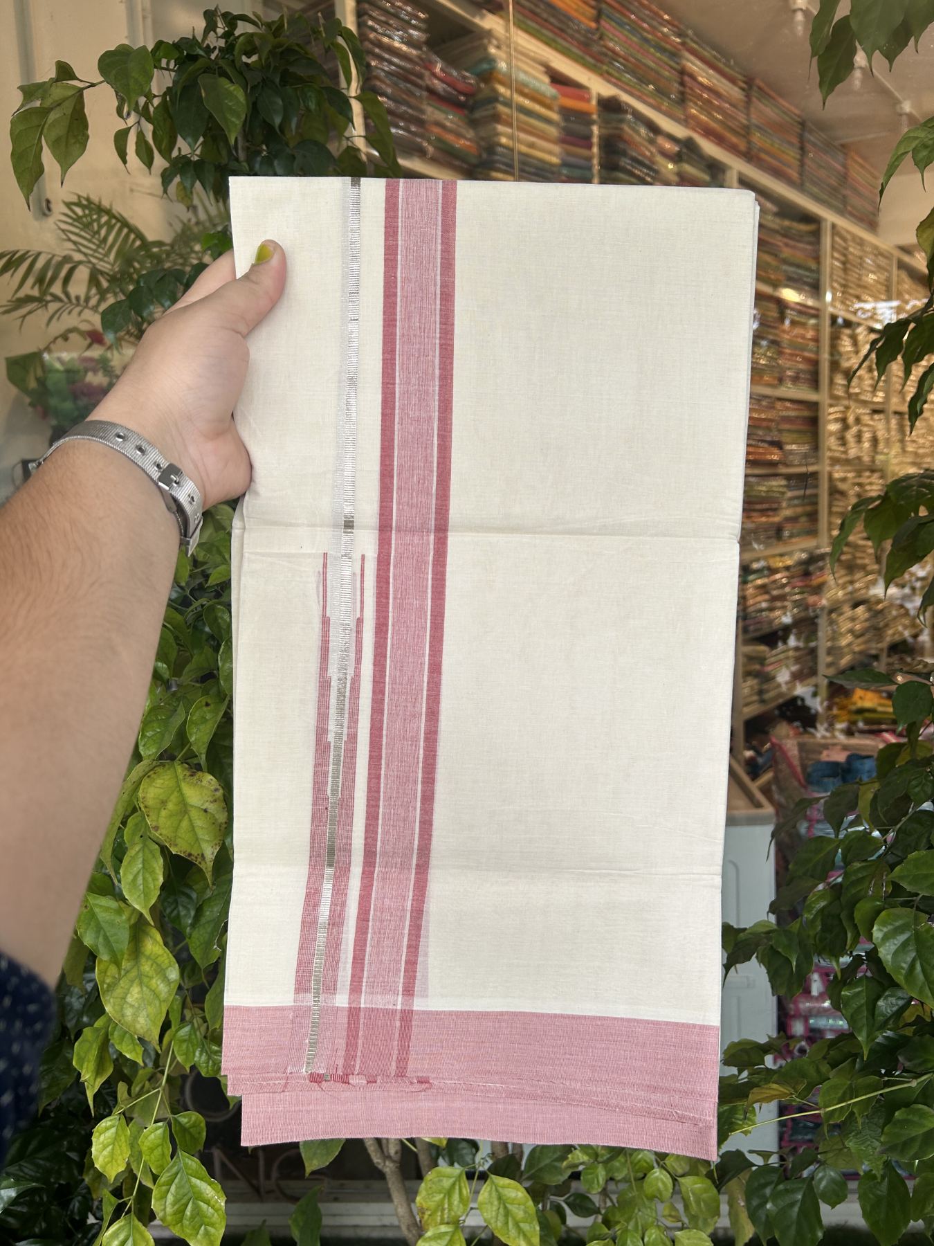 20% Discount ! Kaitharikada Balaramapuram 100% Pure Cotton Double Off white (Unbleached) Mundu/Dhoti - 100x80 - 1.5 inch Silver Kasav & Dark Peach Shaded Stripes Chutty Kara 3.90 mtr (8 muzham) - 51 KK5313 PMC