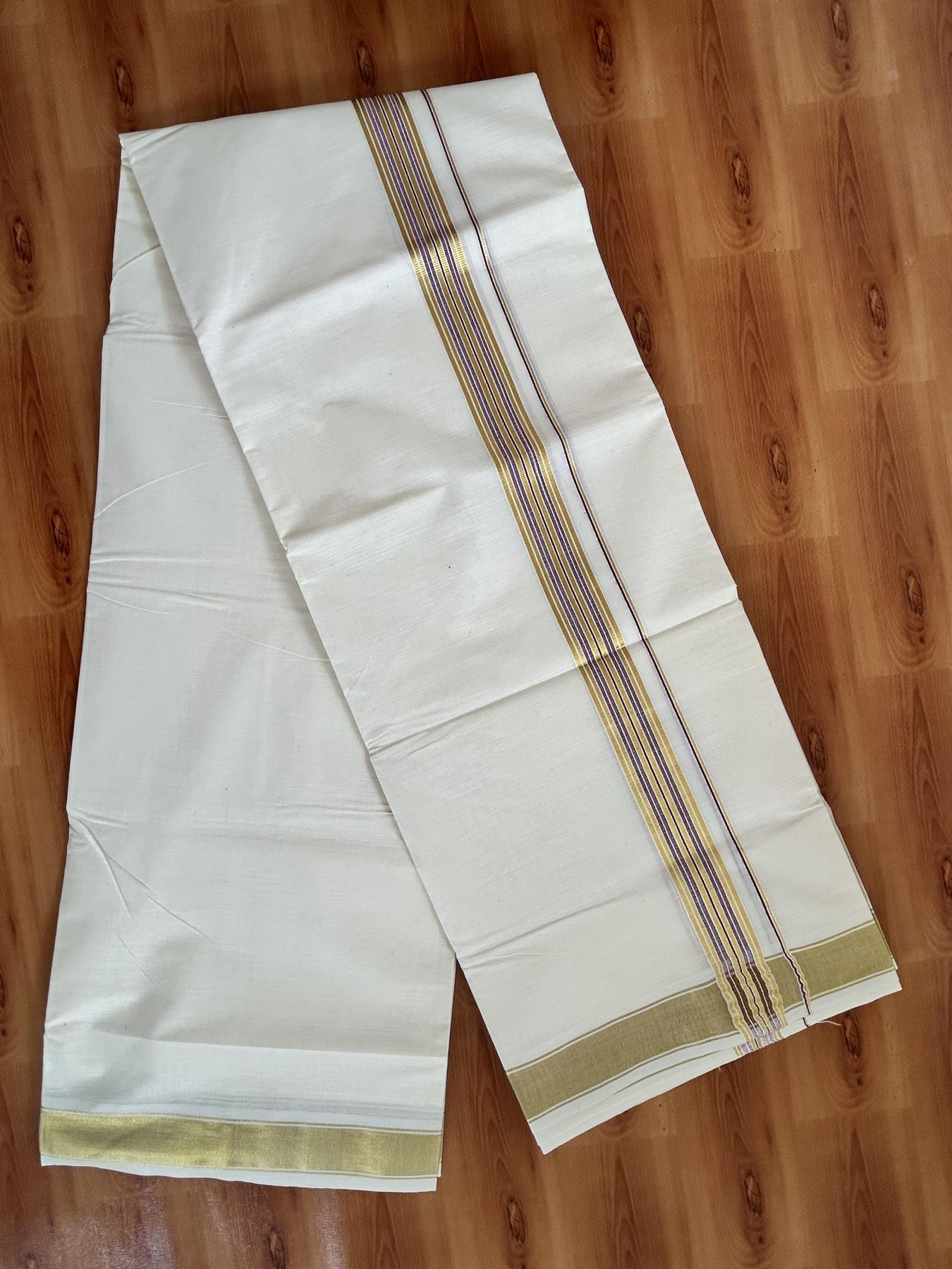 Double Off White - (Unbleached) Mundu/Dhoti - 20% Discount! KaithariKada Balaramapuram Pure Cotton - 80s - 1.5 inch Gold Kasav & Purple Wine Striped Kara - 4 mtr (8.5 Muzham) - 27 KK5416 GAN