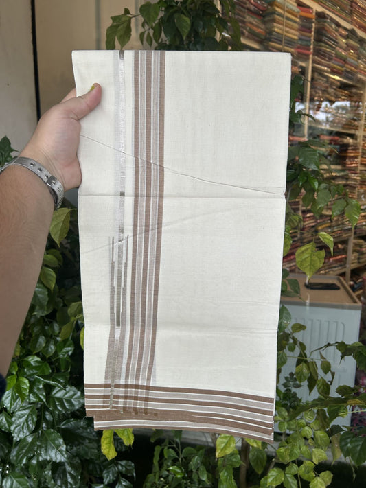 20% Discount ! Kaitharikada Balaramapuram 100% Pure Cotton Double Off white (Unbleached) Mundu/Dhoti - 100x80 - 1.25 inch Silver Kasav & Brown Shaded Stripes Chutty Kara 3.90 mtr (8 muzham) - 52 KK5313 PMC