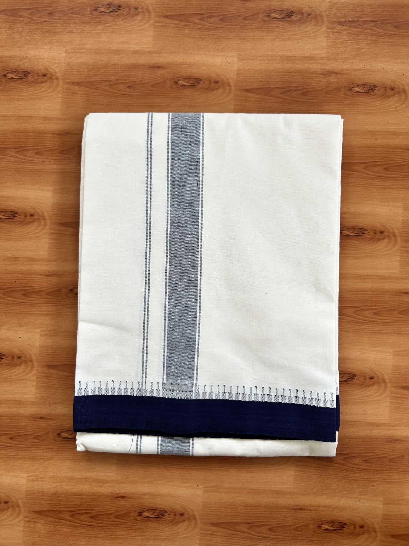 Single Off White Pure Combed Cotton Kaitharikada Special - Mund / Dhoti - 2/40s Twisted Warp x 20s Weft - 1.25 inch Navy Blue Striped kara Off White Body Kuppadam Border (2 meter / 4 muzham) - 2 KK8064 MRH