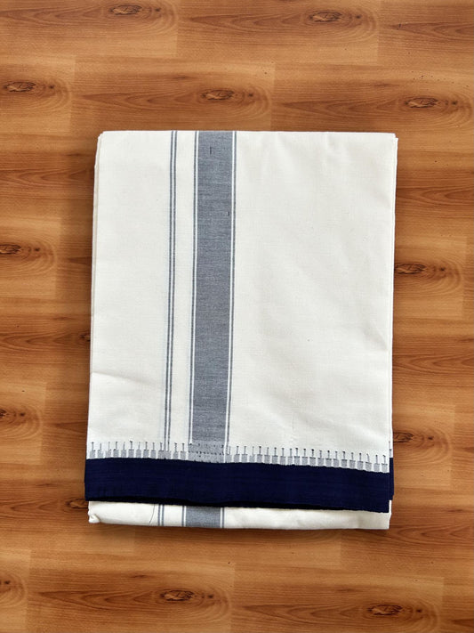 Single Off White Pure Combed Cotton Kaitharikada Special - Mund / Dhoti - 2/40s Twisted Warp x 20s Weft - 1.25 inch Navy Blue Striped kara Off White Body Kuppadam Border (2 meter / 4 muzham) - 2 KK8064 MRH