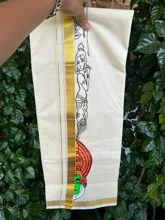 20% Discount! KaithariKada Balaramapuram 100% Cotton off white Double - (Unbleached) Mundu/Dhoti (80s) - 1 Inch Gold Kasavu Hand Painted Krishna & Half Kadhakali - 8 KK5371 VIN