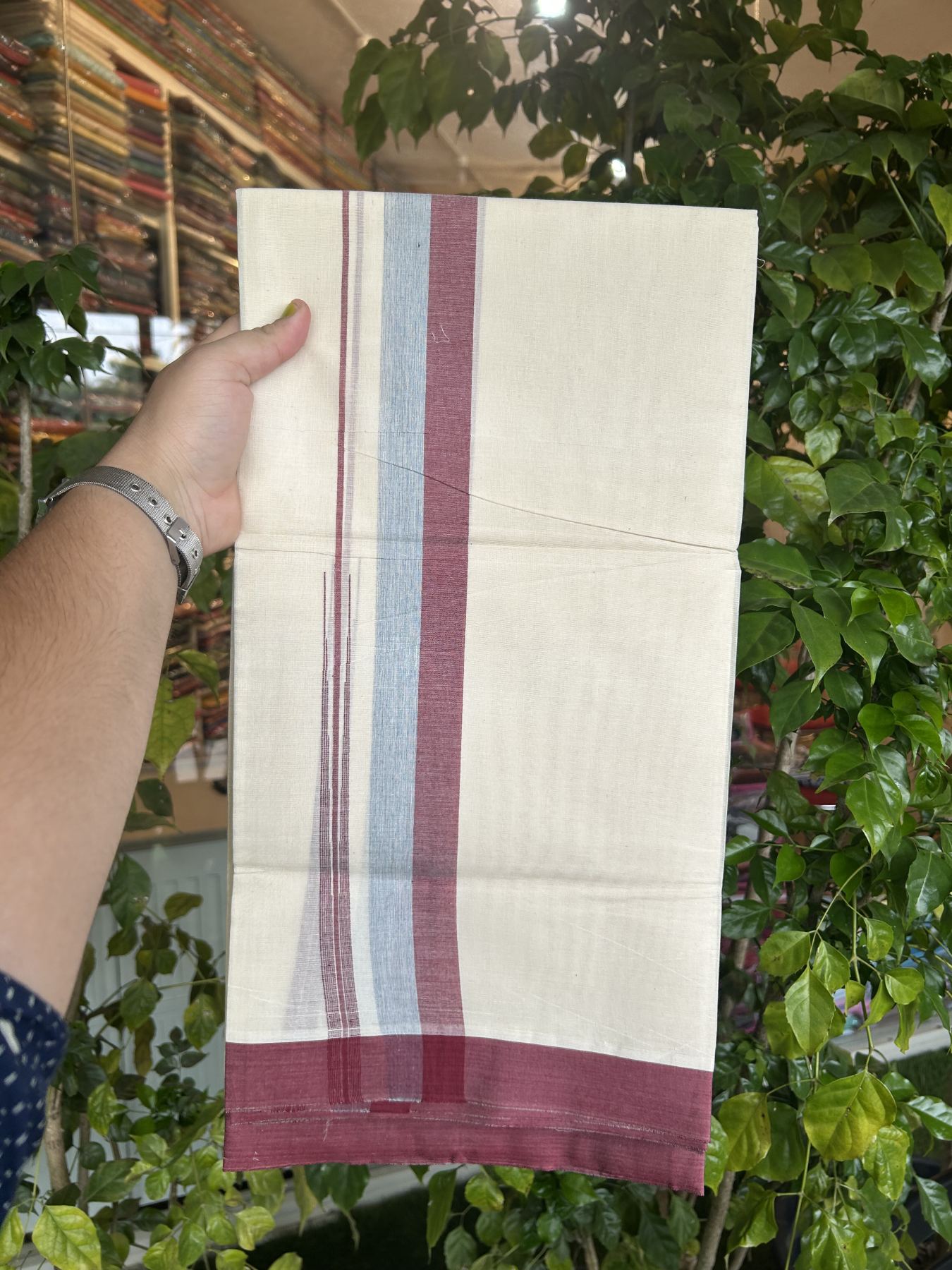 20% Discount ! Kaitharikada Balaramapuram 100% Pure Cotton Double Off white (Unbleached) Mundu/Dhoti - 100x80 - 1.5 inch Maroon & Ash Blue Shaded Stripes Chutty Kara 3.90 mtr (8 muzham) - 24 KK5313 PMC