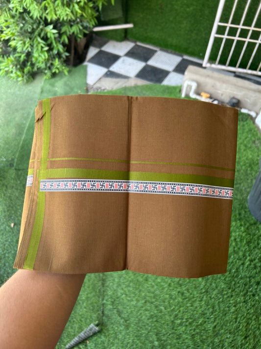 39% Discount!!! Kaitharikada - Pure Cotton - Single Kaily / Lungi - 1 inch Light green & Multi colour Pattern Printed kara with Bronze Olive Green colour body (2 meter / 4 muzham) - 20 KK8035 GAN