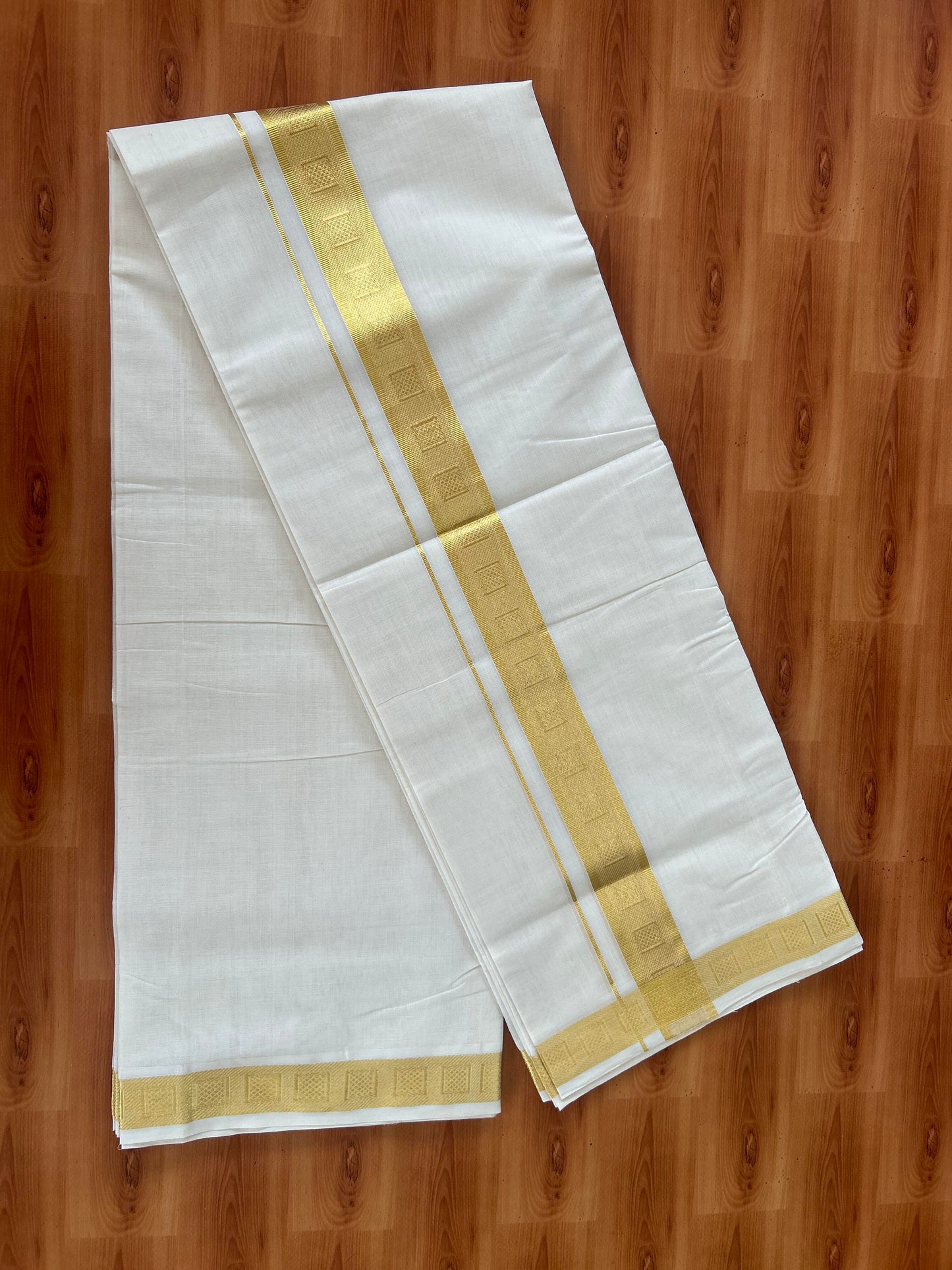 25% Discount ! KaithariKada Handloom Millpaav - Kerala Handloom - 100% Pure Cotton Off White (Unbleached) Double Mundu/Dhoti - 80x90 - 1.75 inch Gold Kasav Jacquard Design Kara 4 mtr (8.5 Muzham) - 21 KK5386 RAM