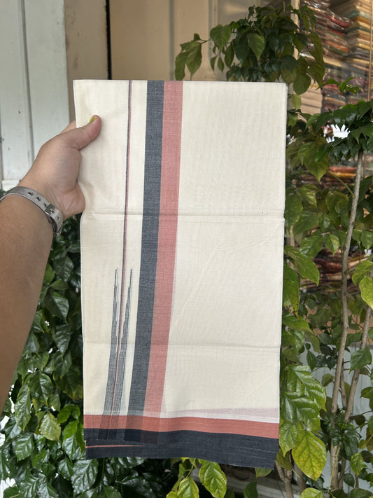 20% Discount ! Kaitharikada Balaramapuram 100% Pure Cotton Double Off white (Unbleached) Mundu/Dhoti - 100x80 - 1.5 inch Black & Brick Brown Shaded Stripes Chutty Kara 3.90 mtr (8 muzham) - 23 KK5313 PMC