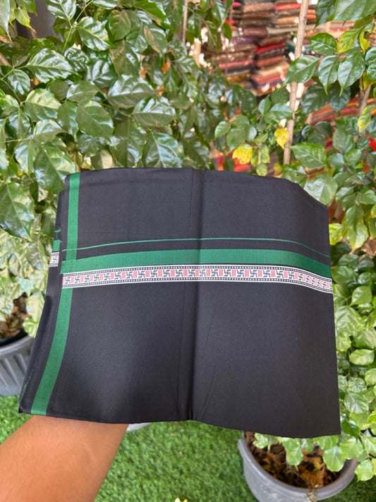 39% Discount! Kaitharikada - Pure Cotton - Single Kaily / Lungi - 1 inch Green & Multi colour Pattern Printed kara with Black colour body (2 meter / 4 muzham) - 36 KK8035 GAN