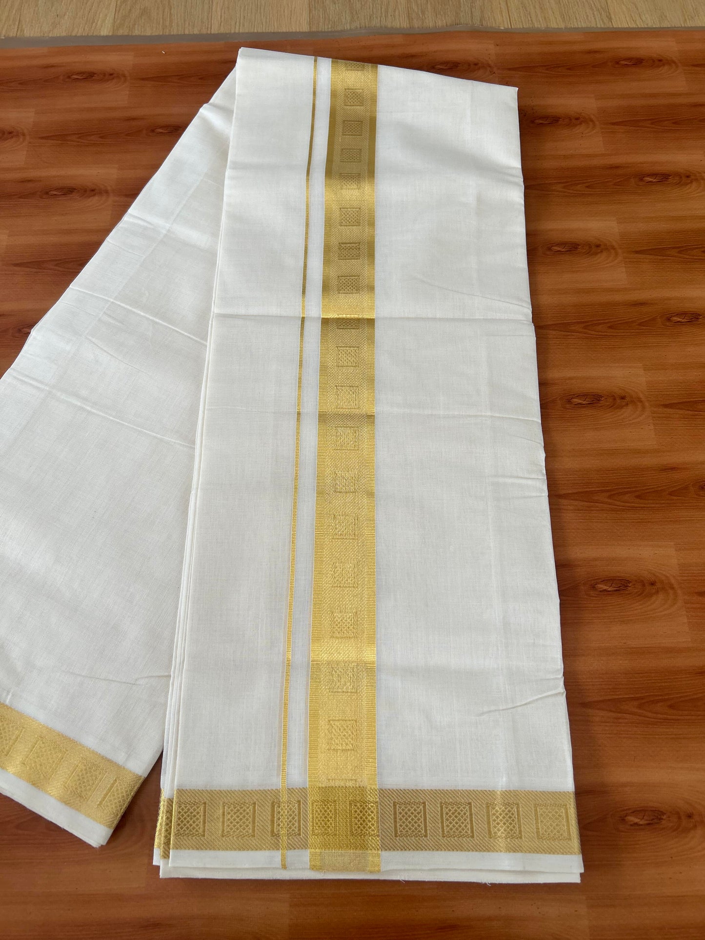 25% Discount ! KaithariKada Handloom Millpaav - Kerala Handloom - 100% Pure Cotton Off White (Unbleached) Double Mundu/Dhoti - 80x90 - 1.75 inch Gold Kasav Jacquard Design Kara 4 mtr (8.5 Muzham) - 21 KK5386 RAM