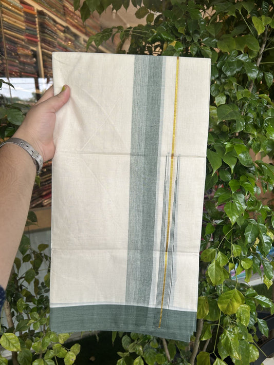 20% Discount ! Kaitharikada Balaramapuram 100% Pure Cotton Double Off white (Unbleached) Mundu/Dhoti - 100x80 - 1.75 inch Gold Kasav & Dark Olive Green Shaded Stripes Chutty Kara 3.90 mtr (8 muzham) - 38 KK5313 PMC