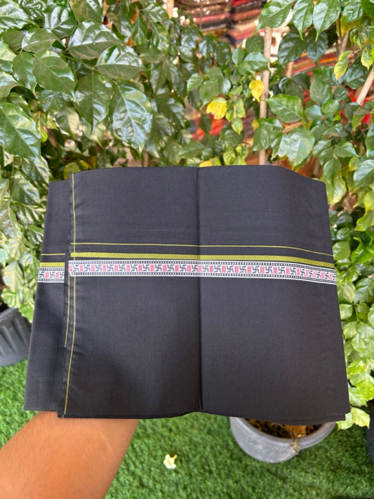 39% Discount! Kaitharikada - Pure Cotton - Single Kaily / Lungi - 0.75 inch Light Olive green & Multi colour Pattern Printed kara with Black colour body (2 meter / 4 muzham) - 35 KK8035 GAN