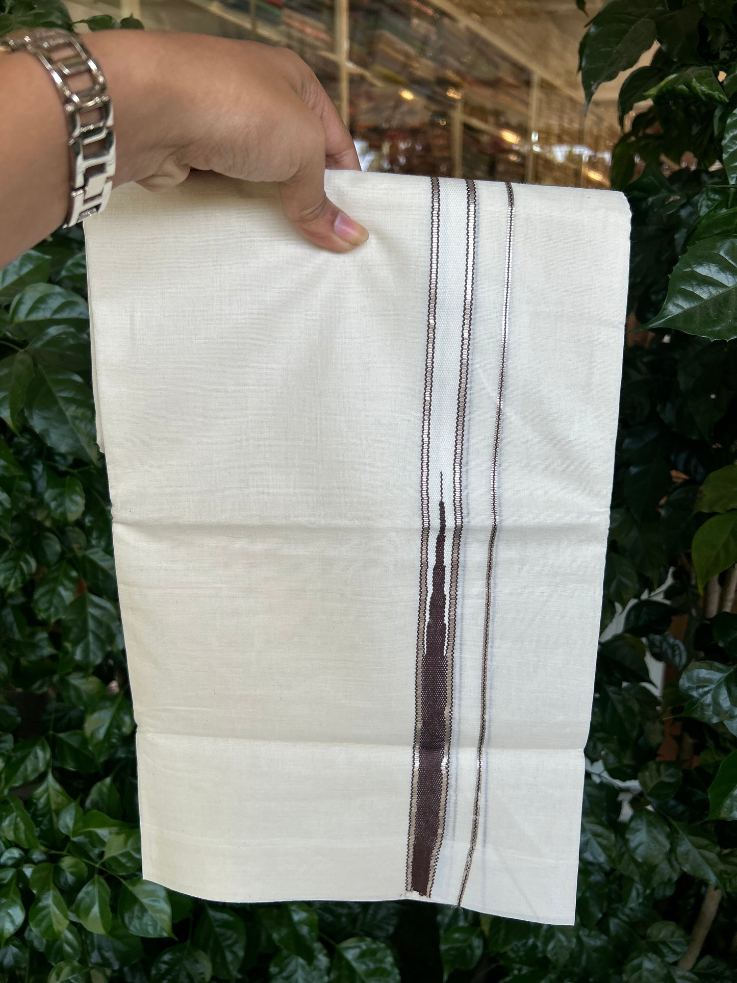 20% Discount!! KaithariKada Balaramapuram Pure Cotton Double Off White - (Unbleached) - Mundu/Dhoti - 100x80 - 1 inch Puliyilakkara Silver Kasav & Chocolate Brown Stripes One Side Chutty Kara 4 mtr (8.5 muzham) - 22 KK5371 VAS