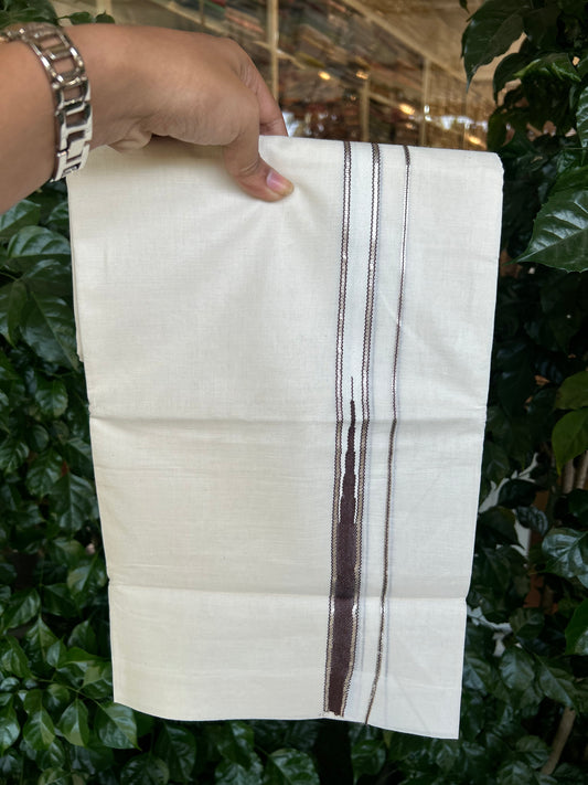 20% Discount!! KaithariKada Balaramapuram Pure Cotton Double Off White - (Unbleached) - Mundu/Dhoti - 100x80 - 1 inch Puliyilakkara Silver Kasav & Chocolate Brown Stripes One Side Chutty Kara 4 mtr (8.5 muzham) - 22 KK5371 VAS