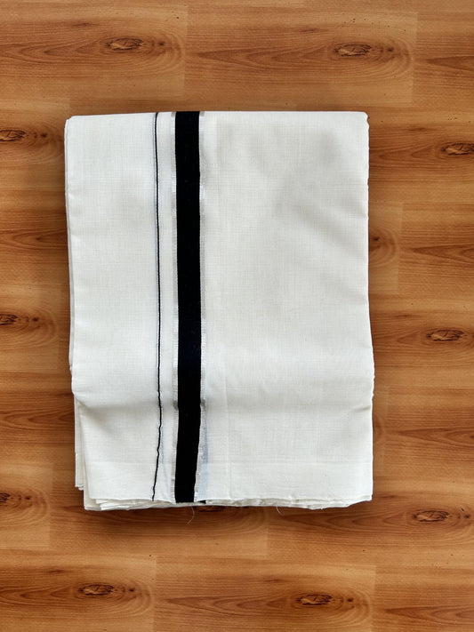 Short Dhoti Special! Double Off White (Unbleached) Mundu/Dhoti 25% Discount!! KaithariKada Handloom Unakkupaav - Kerala Handloom - 100% Pure Cotton 100x80- 46 inches Height 1 inch Black & Silver Kasav Kara 3.60 mtr (8 muzham) - 1 KK5462 REA