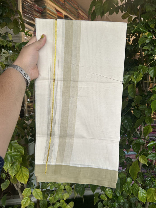 20% Discount ! Kaitharikada Balaramapuram 100% Pure Cotton Double Off white (Unbleached) Mundu/Dhoti - 100x80 - 1.75 inch Gold Kasav & Moss Green Shaded Stripes Chutty Kara 3.90 mtr (8 muzham) - 33 KK5313 PMC