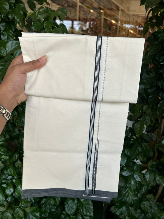20% Discount ! KaithariKada Balaramapuram 100% Cotton Single Off White (Unbleached) Mundu/Dhoti-Twisted 100s Thread- 1 cm Puliyilakkara Silver Kasavu & Black Striped Chutty Kara  (2 meter / 4 muzham)- 26 KK5371 ASH