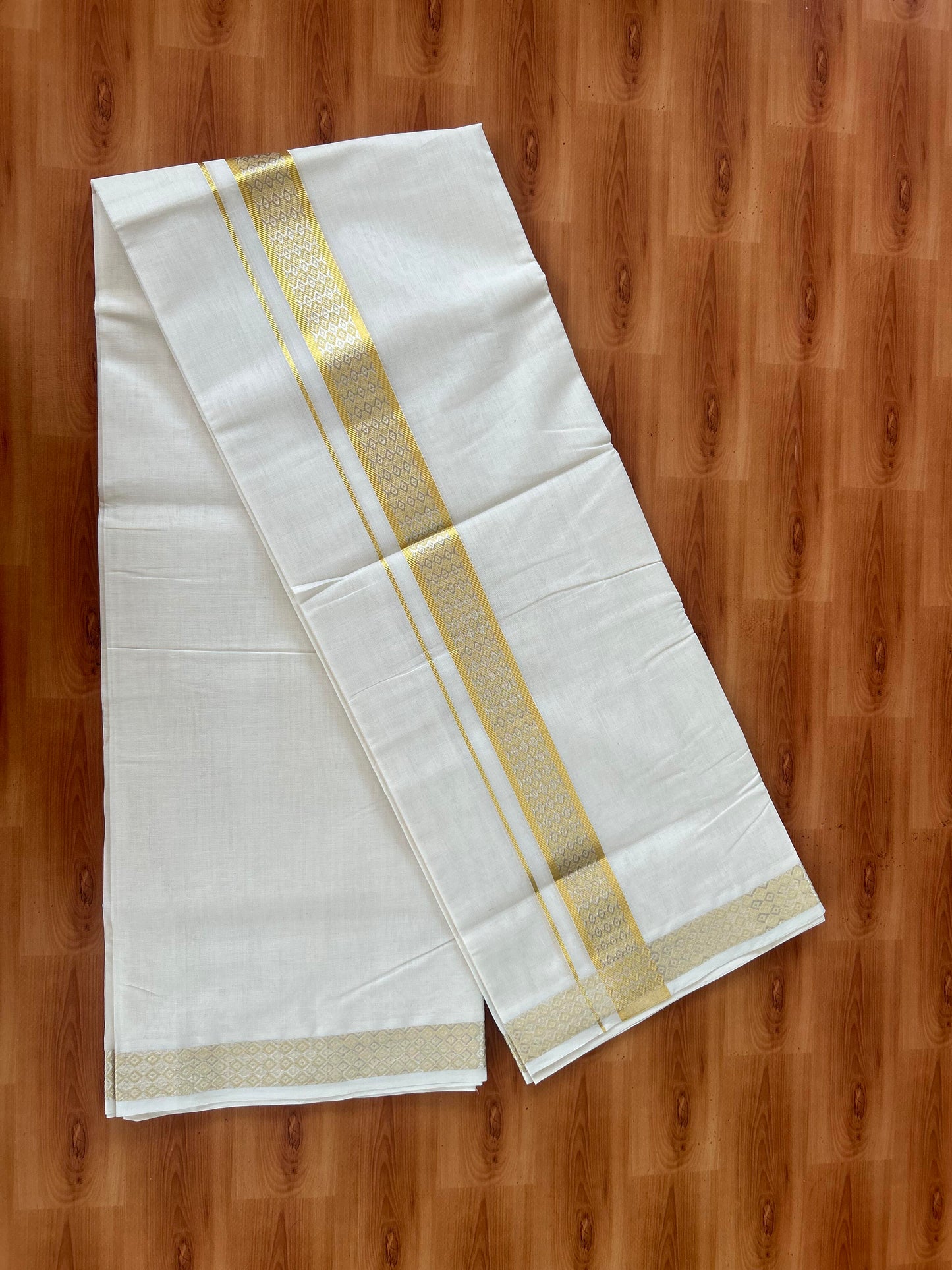 25% Discount ! KaithariKada Handloom Millpaav - Kerala Handloom - 100% Pure Cotton Off White (Unbleached) Double Mundu/Dhoti - 80x90 - 1.75 inch Gold & Silver Kasav Jacquard Design Kara 4 mtr (8.5 Muzham) - 23 KK5386 RAM