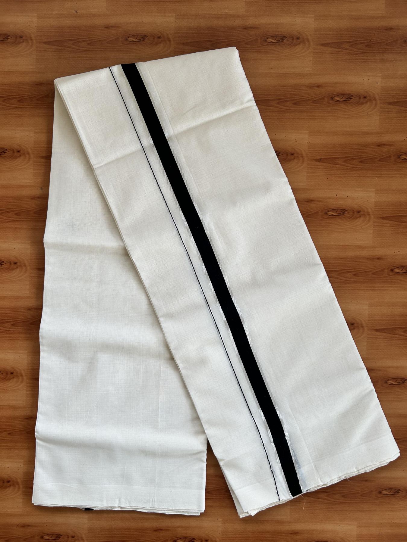 Short Dhoti Special! Double Off White (Unbleached) Mundu/Dhoti 25% Discount!! KaithariKada Handloom Unakkupaav - Kerala Handloom - 100% Pure Cotton 100x80- 46 inches Height 1 inch Black & Silver Kasav Kara 3.60 mtr (8 muzham) - 1 KK5462 REA