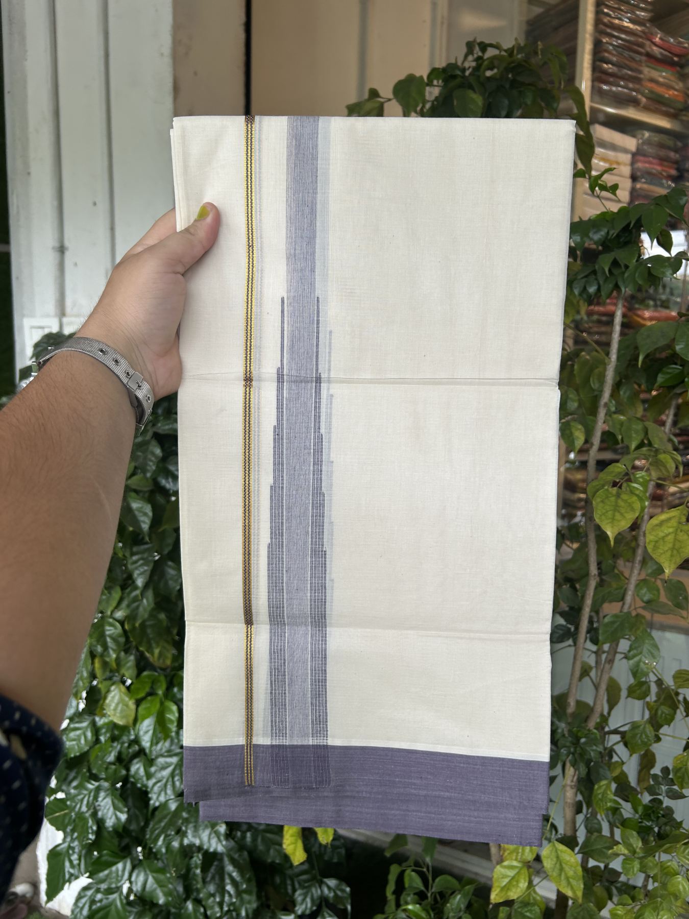 20% Discount ! Kaitharikada Balaramapuram 100% Pure Cotton Double Off white (Unbleached) Mundu/Dhoti - 100x80 - 1.5 inch Gold Kasav & Faded Purple Shaded Stripes Chutty Kara 3.90 mtr (8 muzham) - 34 KK5313 PMC