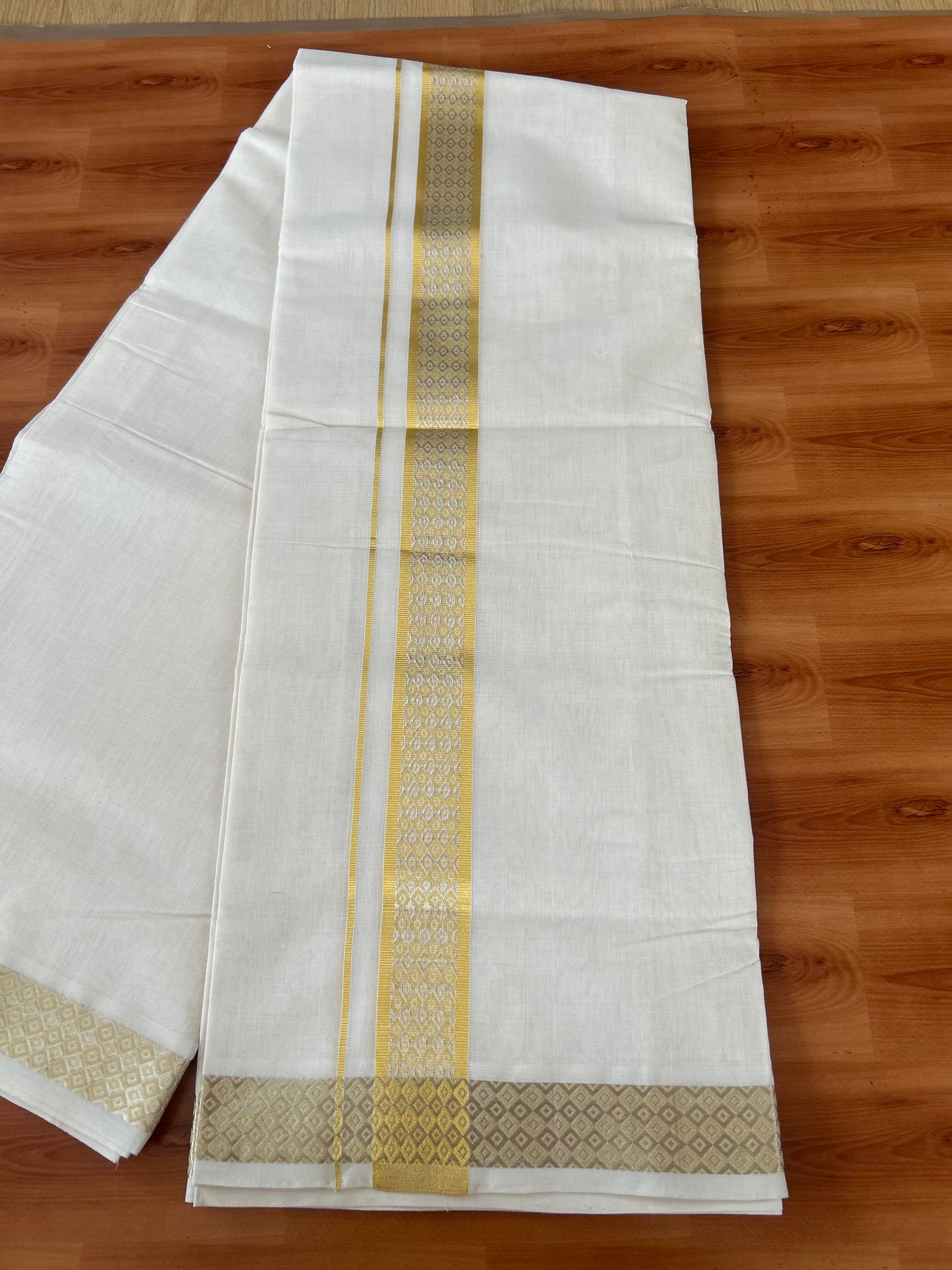 25% Discount ! KaithariKada Handloom Millpaav - Kerala Handloom - 100% Pure Cotton Off White (Unbleached) Double Mundu/Dhoti - 80x90 - 1.75 inch Gold & Silver Kasav Jacquard Design Kara 4 mtr (8.5 Muzham) - 23 KK5386 RAM