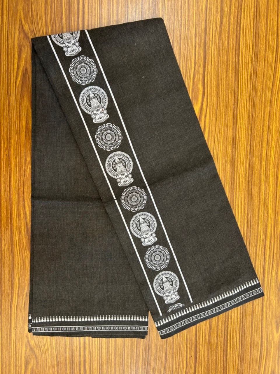 Kaitharikada - Polyster + Cotton - 20s twisted - Single Kaily / Lungi - 2.75 inch White Kadhakali Printed Kuppadam Border with Dark Olive Green & Black shaded colour body (2 meter / 4 muzham) -  65 KK8035 GAN