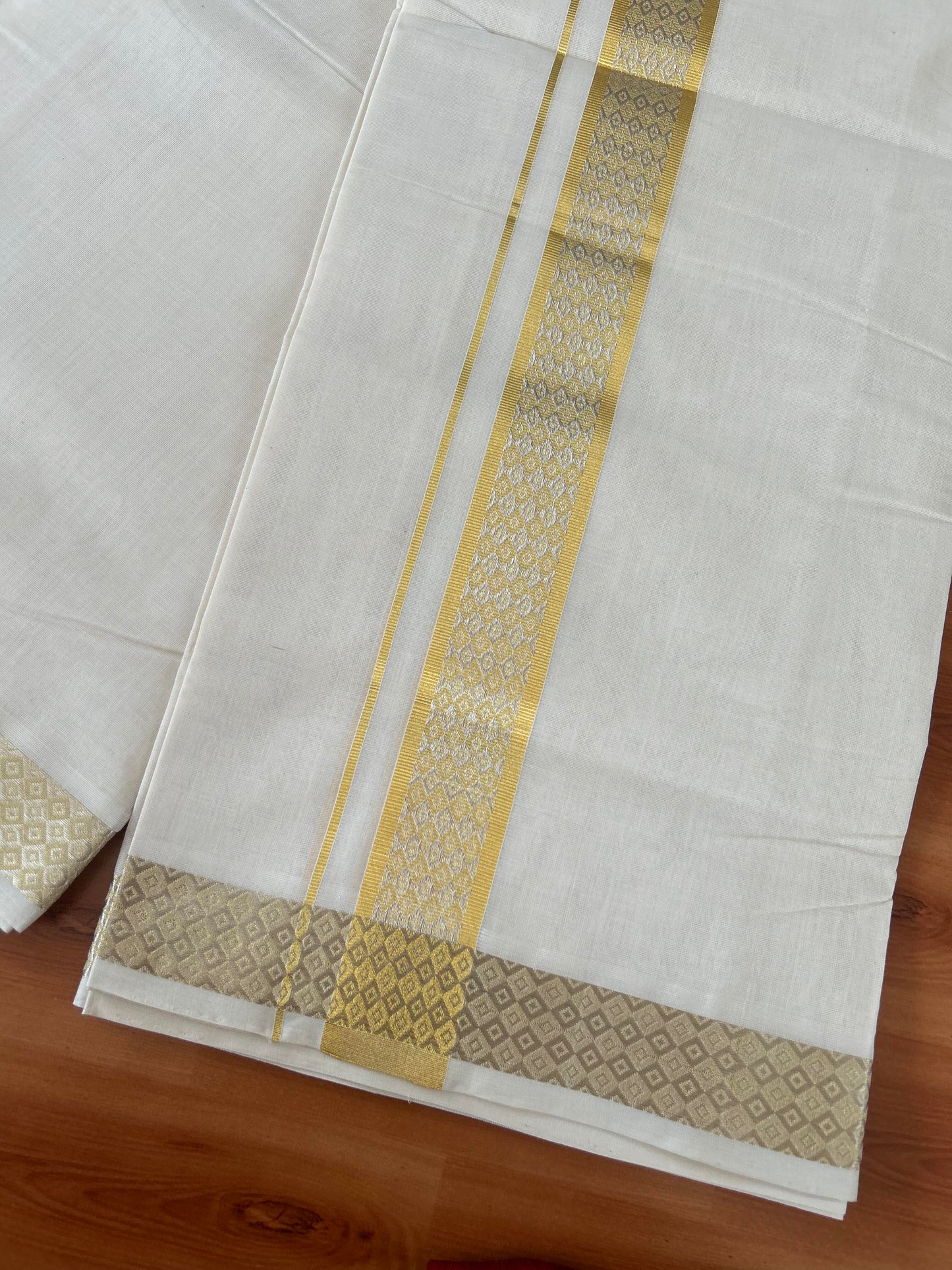 25% Discount ! KaithariKada Handloom Millpaav - Kerala Handloom - 100% Pure Cotton Off White (Unbleached) Double Mundu/Dhoti - 80x90 - 1.75 inch Gold & Silver Kasav Jacquard Design Kara 4 mtr (8.5 Muzham) - 23 KK5386 RAM