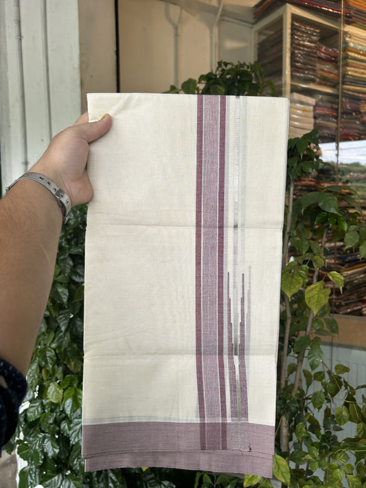 20% Discount ! Kaitharikada Balaramapuram 100% Pure Cotton Double Off white (Unbleached) Mundu/Dhoti - 100x80 - 1.5 inch Silver Kasav Maroon Shaded Stripes Chutty Kara 3.90 mtr (8 muzham) - 42 KK5313 PMC