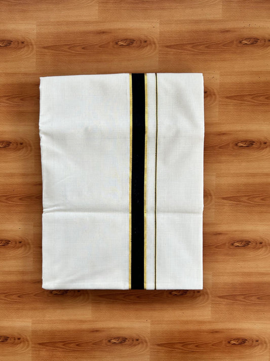 Short Dhoti Special! Double Off White (Unbleached) Mundu/Dhoti 25% Discount!! KaithariKada Handloom Unakkupaav - Kerala Handloom - 100% Pure Cotton 100x80- 46 inches Height 1 inch Black & Gold Kasav Kara 3.60 mtr (8 muzham) - 2 KK5462 REA