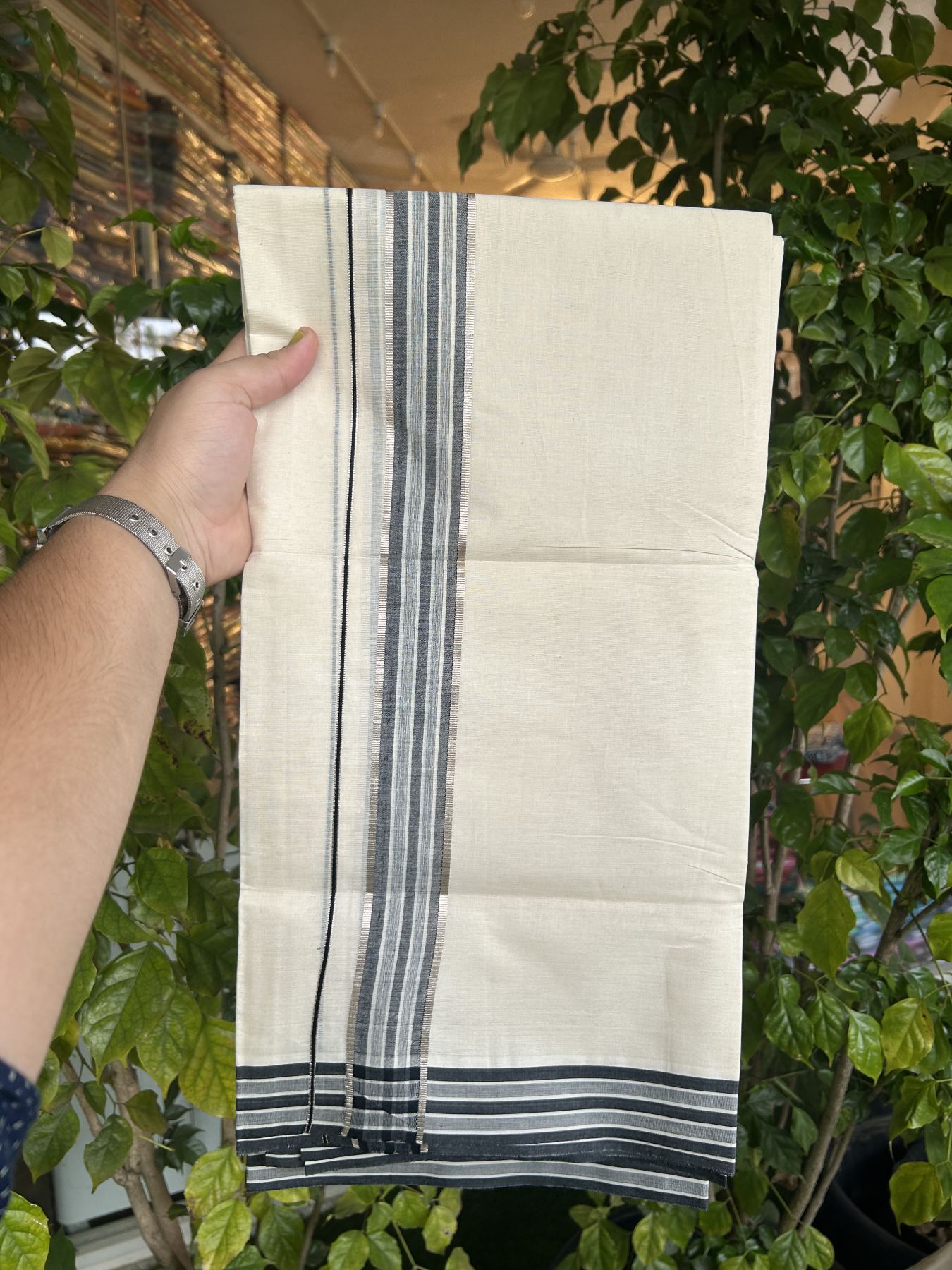 20% Discount ! Kaitharikada Balaramapuram 100% Pure Cotton Double Off white (Unbleached) Mundu/Dhoti - 100x80 - 1.75 inch Silver Kasav & Black Shaded Stripes Kara 3.90 mtr (8 muzham) - 57 KK5313 PMC