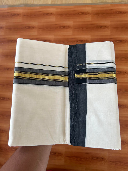25% Discount! KaithariKada Handloom Millpaav - Kerala Handloom - Cotton Double Mundu/Dhoti Off white (Unbleached) - 80x90 - 1.75 inch Gold Kasav Black Stripes Kara 4.00 meter (8.5 Muzham) - 18 KK5386 RAM