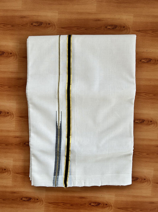 Short Dhoti Special! Double Off White(Unbleached) Mundu/Dhoti 25% Discount!! KaithariKada Handloom Unakkupaav - Kerala Handloom - 100% Pure Cotton 100x80- 46 inches Height 0.5 inch Black & Gold Kasav Puliyilakkara Chutty 3.60 mtr (8 muzham) - 3 KK5462 REA