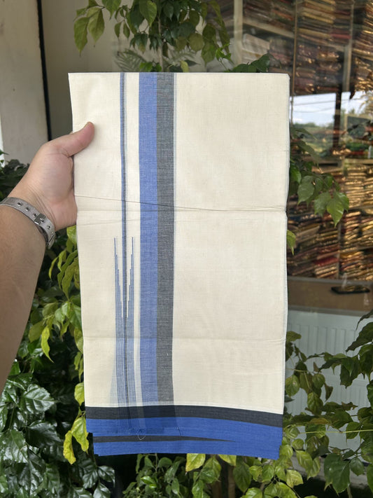 20% Discount ! Kaitharikada Balaramapuram 100% Pure Cotton Double Off white (Unbleached) Mundu/Dhoti - 100x80 - 1.5 inch Black & Blue Shaded Stripes Chutty Kara 3.90 mtr (8 muzham) - 27 KK5313 PMC