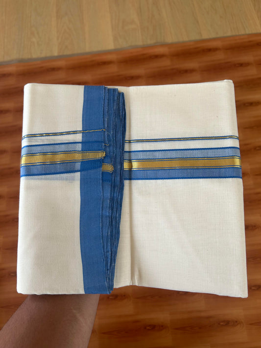 25% Discount! KaithariKada Handloom Millpaav - Kerala Handloom - Cotton Double Mundu/Dhoti Off white (Unbleached) - 80x90 - 1.5 inch Gold Kasav Ocean Blue Kara 4.00 meter (8.5 Muzham) - 16 KK5386 RAM