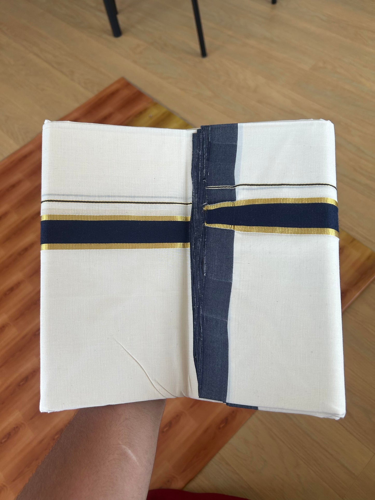25% Discount! KaithariKada Handloom Millpaav - Kerala Handloom - Cotton Double Mundu/Dhoti Off white (Unbleached) - 80x90 - 1.25 inch Gold Kasav Navy Blue Kara 4.00 meter (8.5 Muzham) - 15 KK5386 RAM