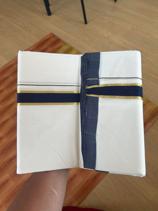 25% Discount! KaithariKada Handloom Millpaav - Kerala Handloom - Cotton Double Mundu/Dhoti Off white (Unbleached) - 80x90 - 1.25 inch Gold Kasav Navy Blue Kara 4.00 meter (8.5 Muzham) - 15 KK5386 RAM