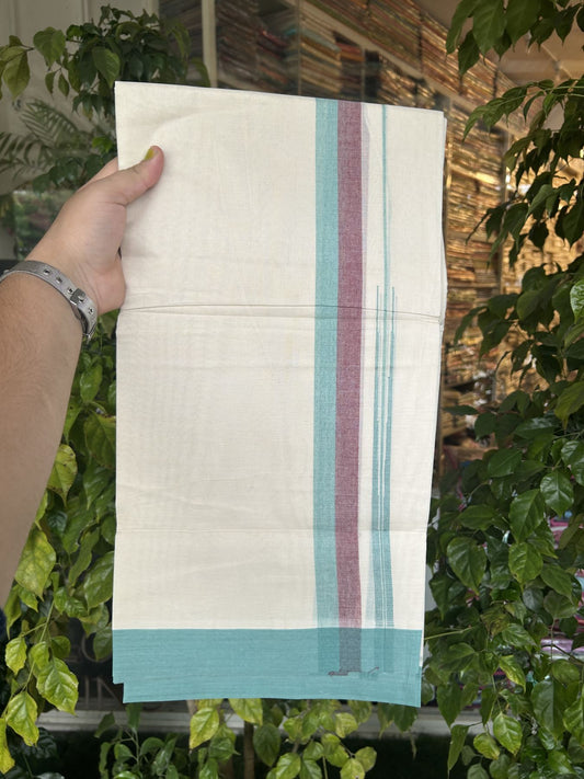 20% Discount ! Kaitharikada Balaramapuram 100% Pure Cotton Double Off white (Unbleached) Mundu/Dhoti - 100x80 - 1.25 inch Maroon & Turquoise Blue Shaded Stripes Chutty Kara 3.90 mtr (8 muzham) - 28 KK5313 PMC
