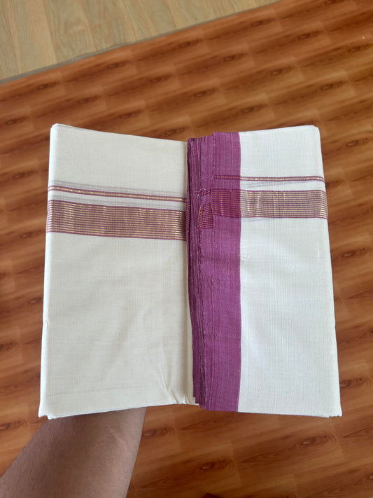 25% Discount! KaithariKada Handloom Millpaav - Kerala Handloom - Cotton Double Mundu/Dhoti Off white (Unbleached) - 80x90 - 1 inch Gold Kasav Dusty Wine Stripes Kara 4.00 meter (8.5 Muzham) - 19 KK5386 RAM