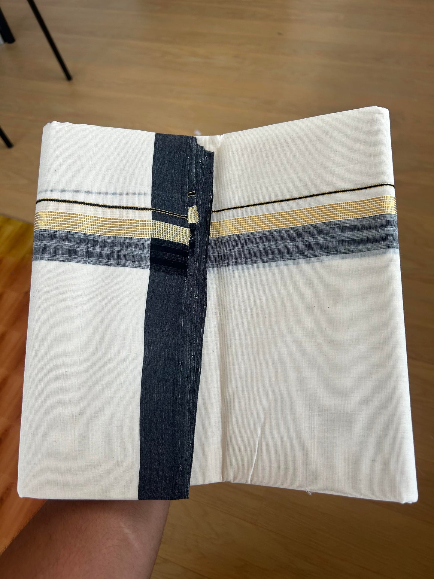 25% Discount! KaithariKada Handloom Millpaav - Kerala Handloom - Cotton Double Mundu/Dhoti Off white (Unbleached) - 80x90 - 1.5 inch Gold Kasav Black Shaded Stripes Kara 4.00 meter (8.5 Muzham) - 20 KK5386 RAM