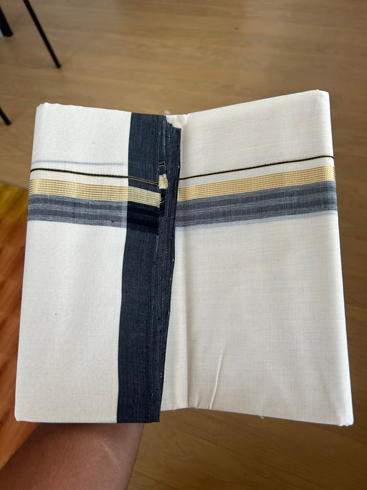 25% Discount! KaithariKada Handloom Millpaav - Kerala Handloom - Cotton Double Mundu/Dhoti Off white (Unbleached) - 80x90 - 1.5 inch Gold Kasav Black Shaded Stripes Kara 4.00 meter (8.5 Muzham) - 20 KK5386 RAM