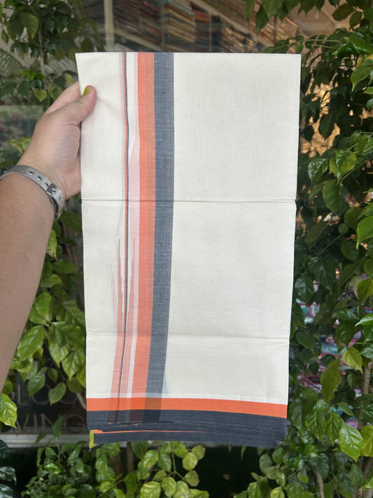 20% Discount ! Kaitharikada Balaramapuram 100% Pure Cotton Double Off white (Unbleached) Mundu/Dhoti - 100x80 - 1.5 inch Black & Orange Shaded Stripes Chutty Kara 3.90 mtr (8 muzham) - 30 KK5313 PMC