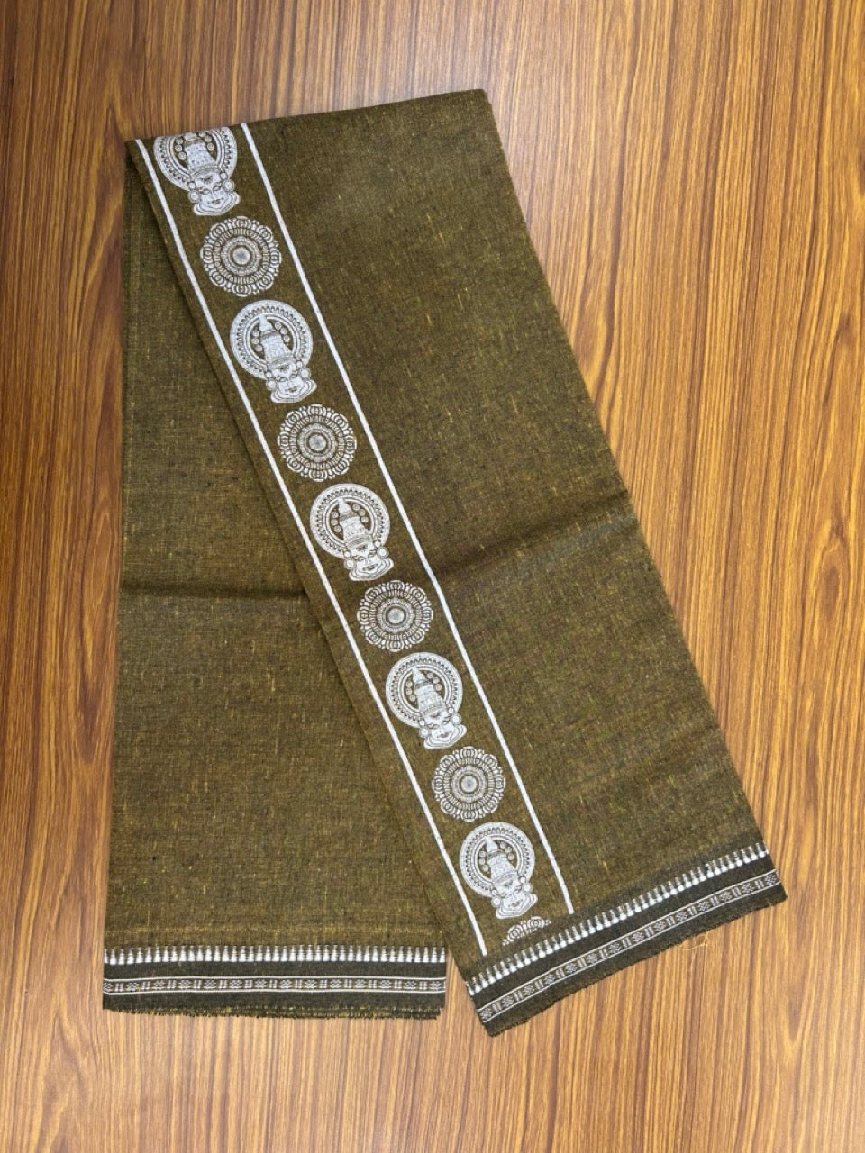 Kaitharikada - Polyster + Cotton - 20s twisted - Single Kaily / Lungi - 2.75 inch White Kadhakali Printed Kuppadam Border with Mustard Yellow colour body (2 meter / 4 muzham) -  60 KK8035 GAN